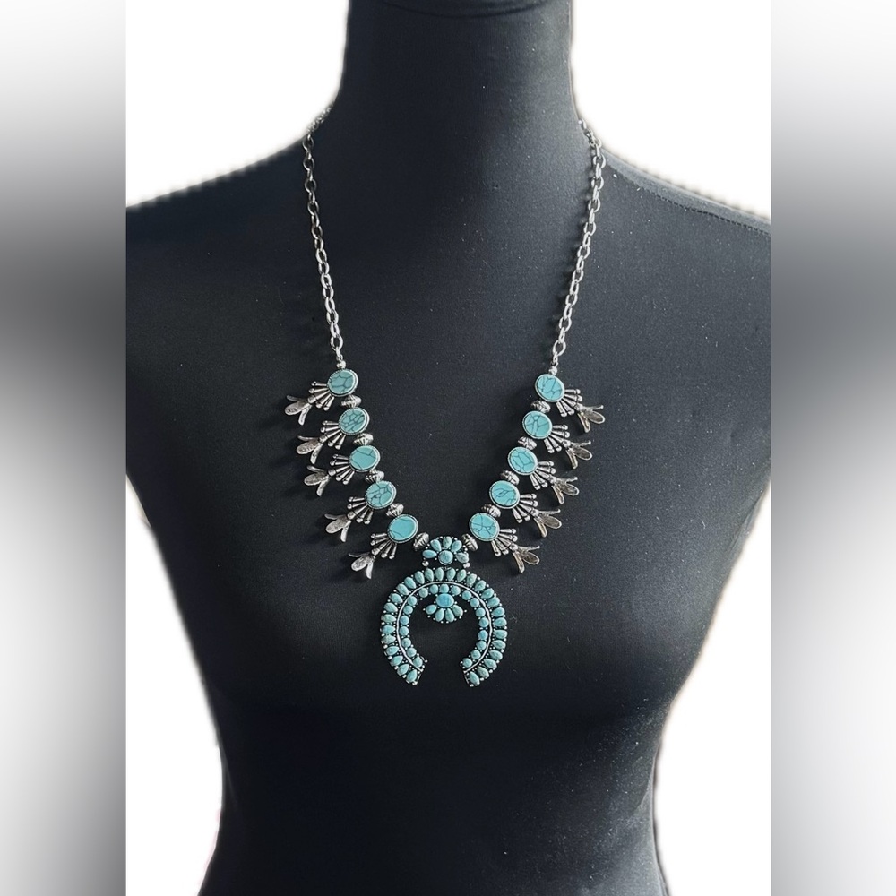 Turquoise Statement Squash Blossom Necklace - Women Jewelry